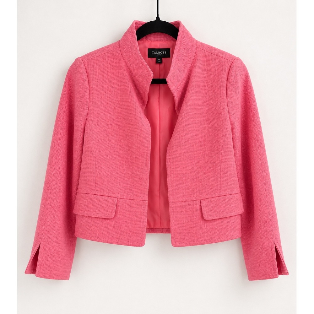 Talbots Blazer Women 12P Pink Textured Open Front Basketweave Career Barbiecore